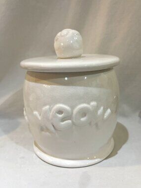 Russ Berrie Debby Carman Pottery Cat Treat Meow Canister Lidded Jar 3D Paw Print